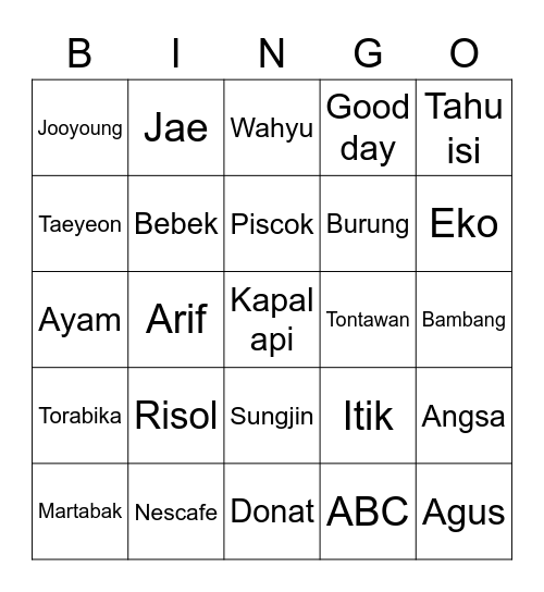 Punya Se Bingo Card