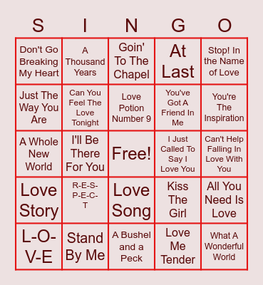 Valentine's SINGO Bingo Card