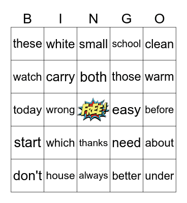 Sight Words Bingo Card