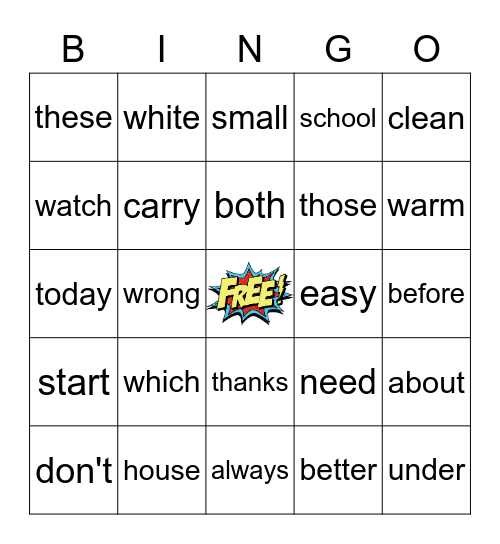 Sight Words Bingo Card