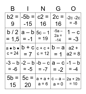 a = 2          b = 3         c = 4 Bingo Card