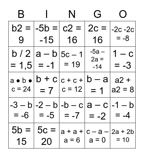 a = 2          b = 3         c = 4 Bingo Card