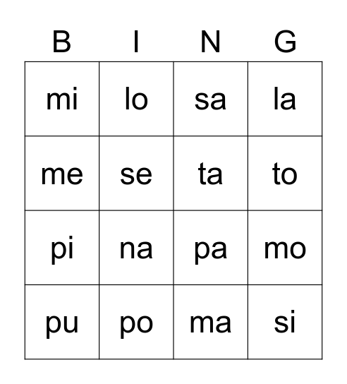 Bingo silabas Bingo Card