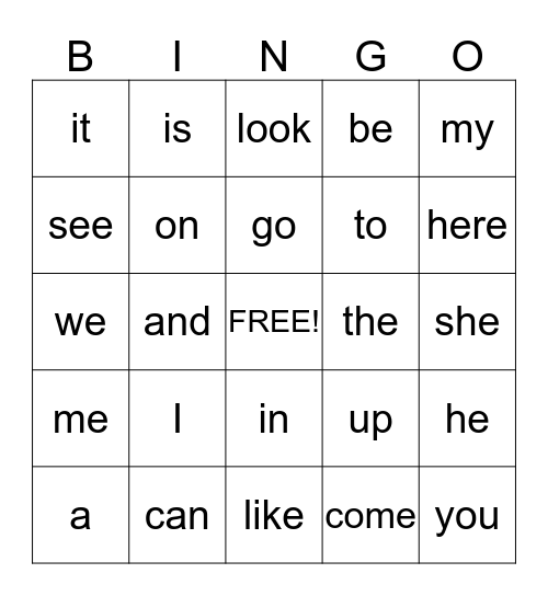 HFW WORDS KG2 Bingo Card