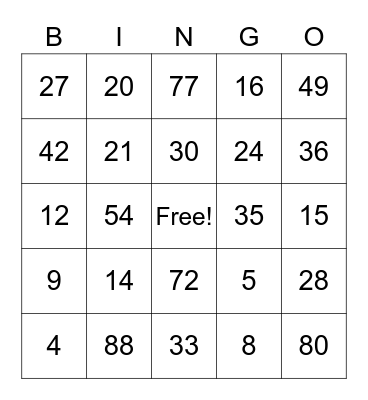 Multiplication Product Bingo Card