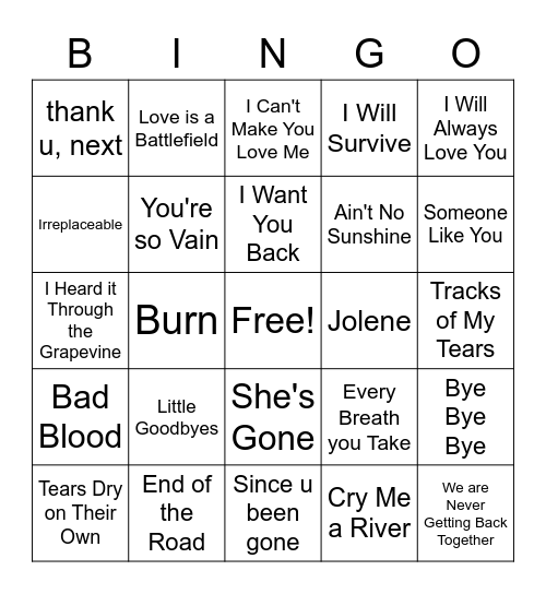 BREAK UP BINGO :( Bingo Card