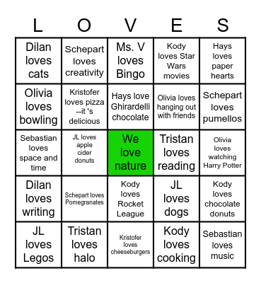 Things English 9 Loves Bingo Card