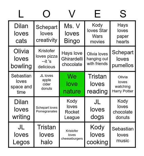 Things English 9 Loves Bingo Card
