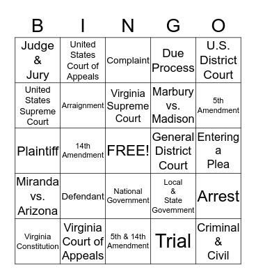 The Judicial Branch Bingo Card