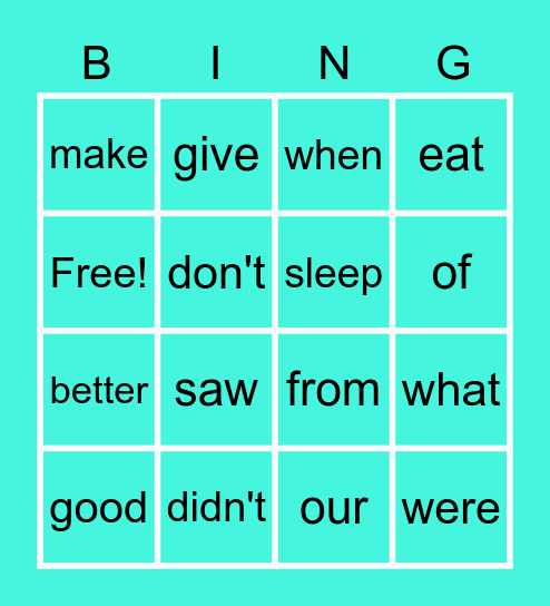 Sight Words Bingo Card
