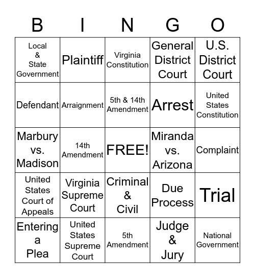 The Judicial System Bingo Card