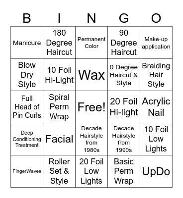 Cosmetology Hands-On Work Bingo Card