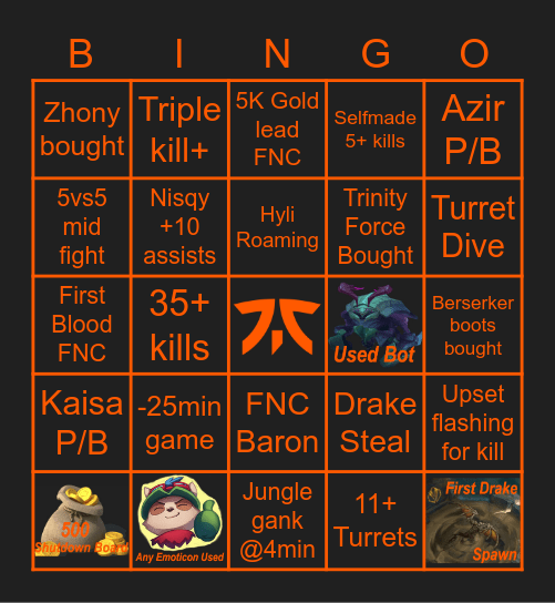 FNC vs SK Bingo Card