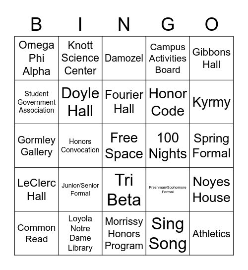 NDMU Giving Day Bingo Card