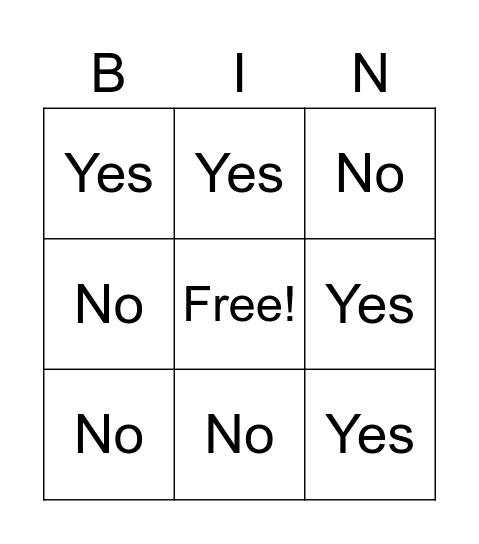 Yes/No Bingo Card
