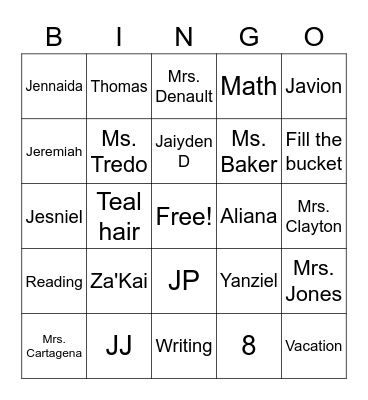 Room 8 Bingo Card