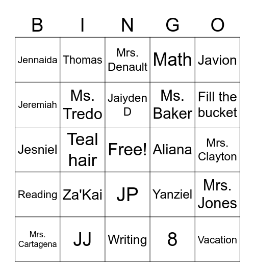 Room 8 Bingo Card
