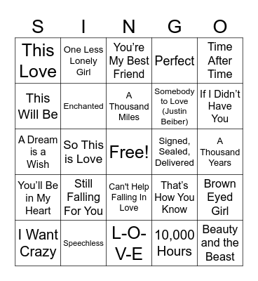 Valentine's Day SINGO Bingo Card