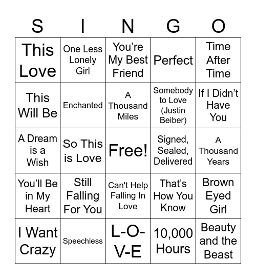 Valentine's Day SINGO Bingo Card