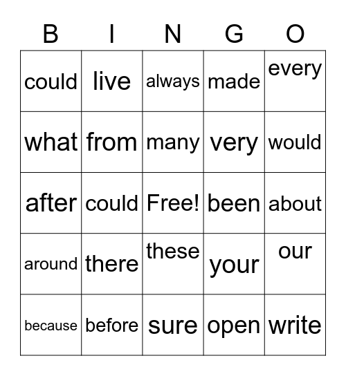 sight words Bingo Card