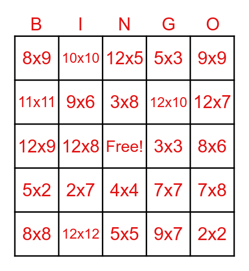 Multiplication Bingo Card