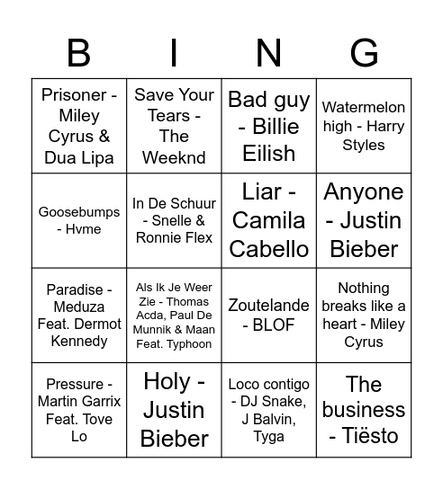 Muziekbingo!!!!!! Bingo Card