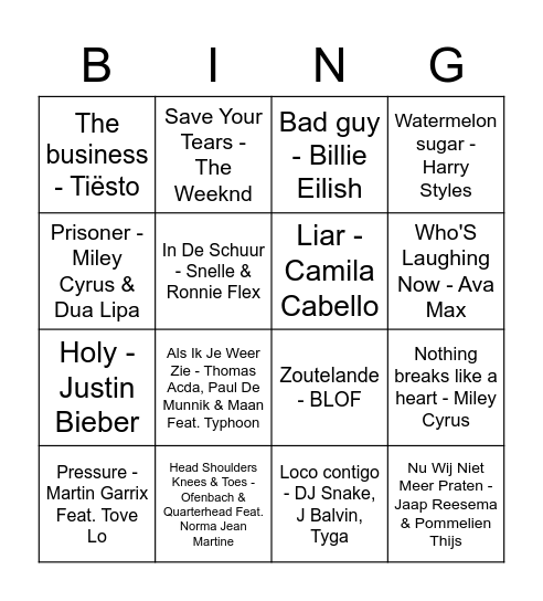 Muziekbingo!!!! :) Bingo Card