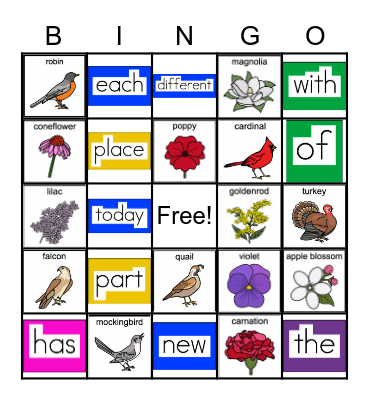 Feb. ULS Sight words and State birds/flowers Bingo Card