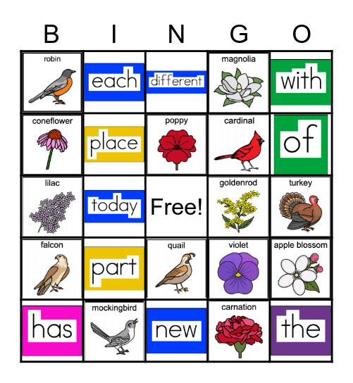 Feb. ULS Sight words and State birds/flowers Bingo Card