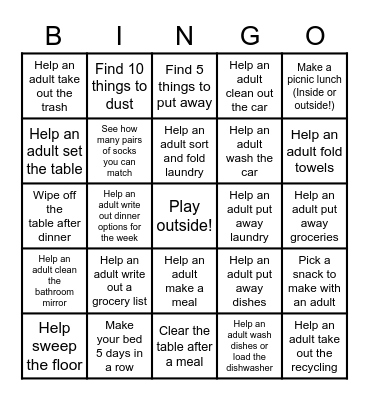 Chore Bingo Card