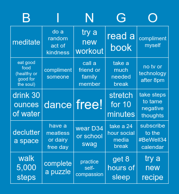 #BeWell34 - Week 1 (2/15-2/21) Bingo Card