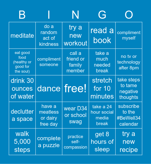 #BeWell34 - Week 1 (2/15-2/21) Bingo Card