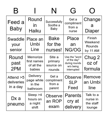 NICU Bingo Card