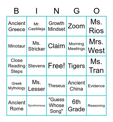 2020-2021 School Year Bingo Card