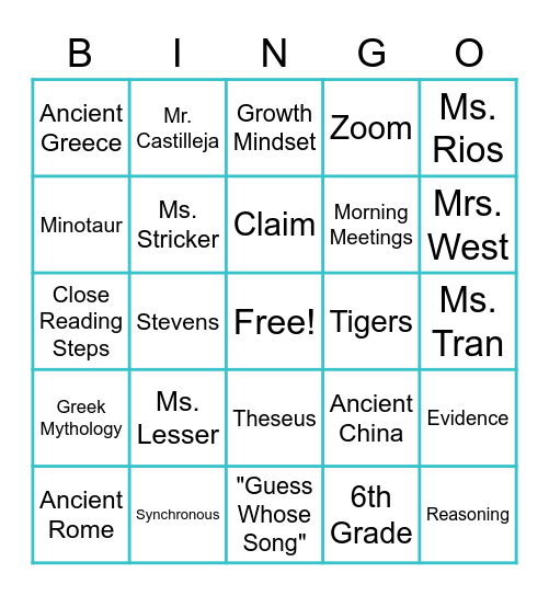 2020-2021 School Year Bingo Card