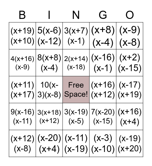 Factoring Bingo Card