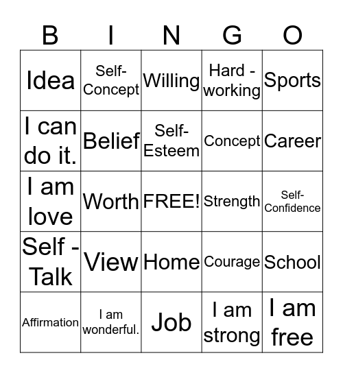 Self Concept Bingo Card
