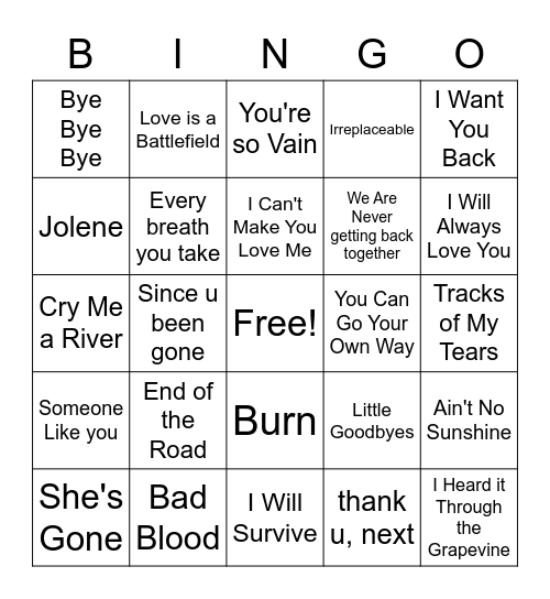 BREAK UP BINGO :( Bingo Card