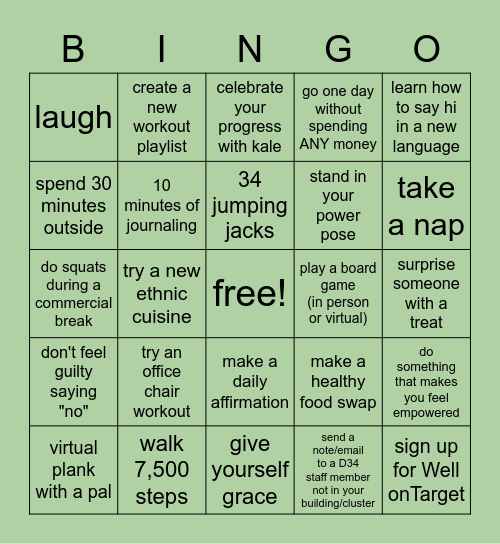 #BeWell34 - Week 3 (3/1-3/7) Bingo Card