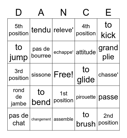 Dance Terms Bingo Card