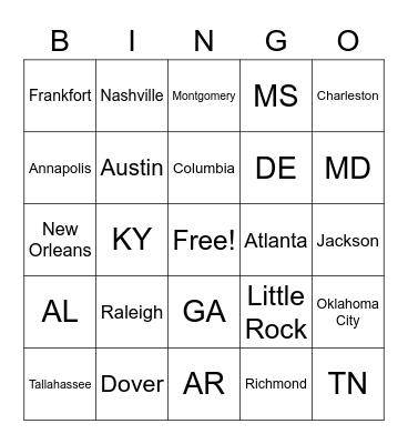 Southern States & Capitals Bingo Card