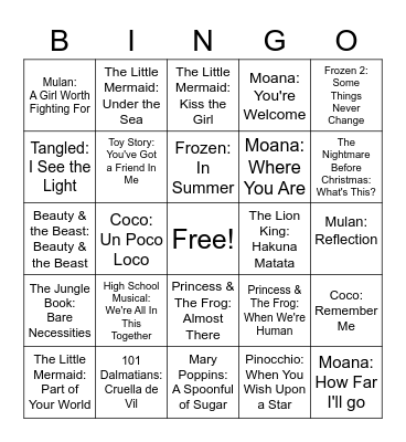 🎵Disney Song🎵 Bingo Card
