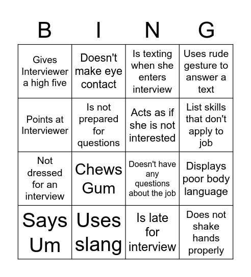 Bad Behaviour Bingo Card