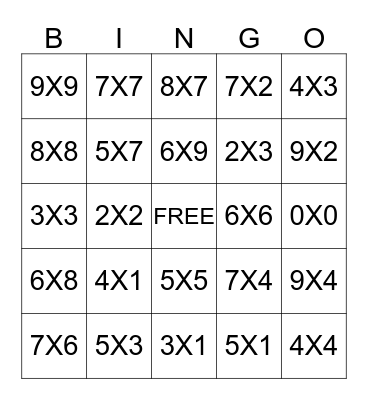 Multiplication Bingo Card