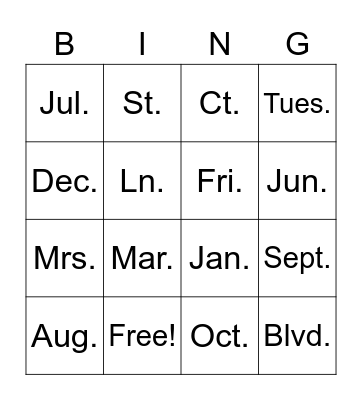 Abbreviations Bingo Card