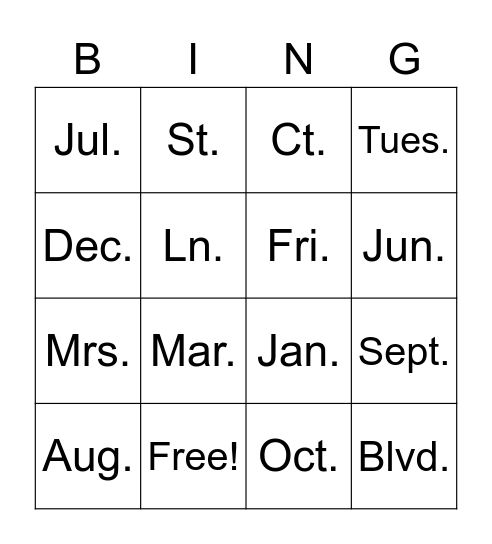 Abbreviations Bingo Card