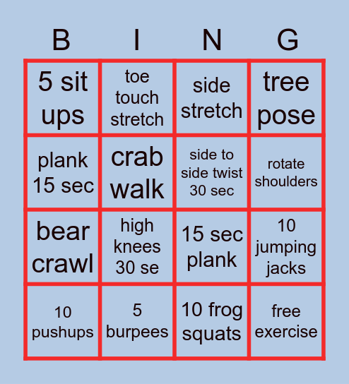 Exercise Bingo Card