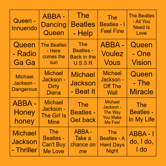 Abba - Michael Jackson - Queen - The Beatles Bingo Card