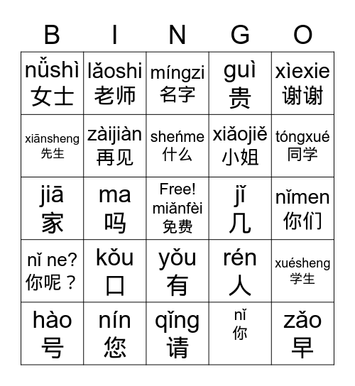 Self-introduction Review Bingo (Bīnguǒ, 宾果） Bingo Card