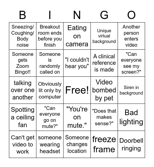 Zoom Bingo Card